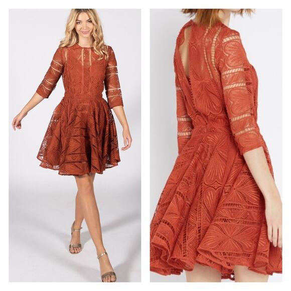 Maje Dresses & Skirts - Maje Ripiza Fit And Flare Lace Mini Dress In Terracotta Size 1 ( Small)